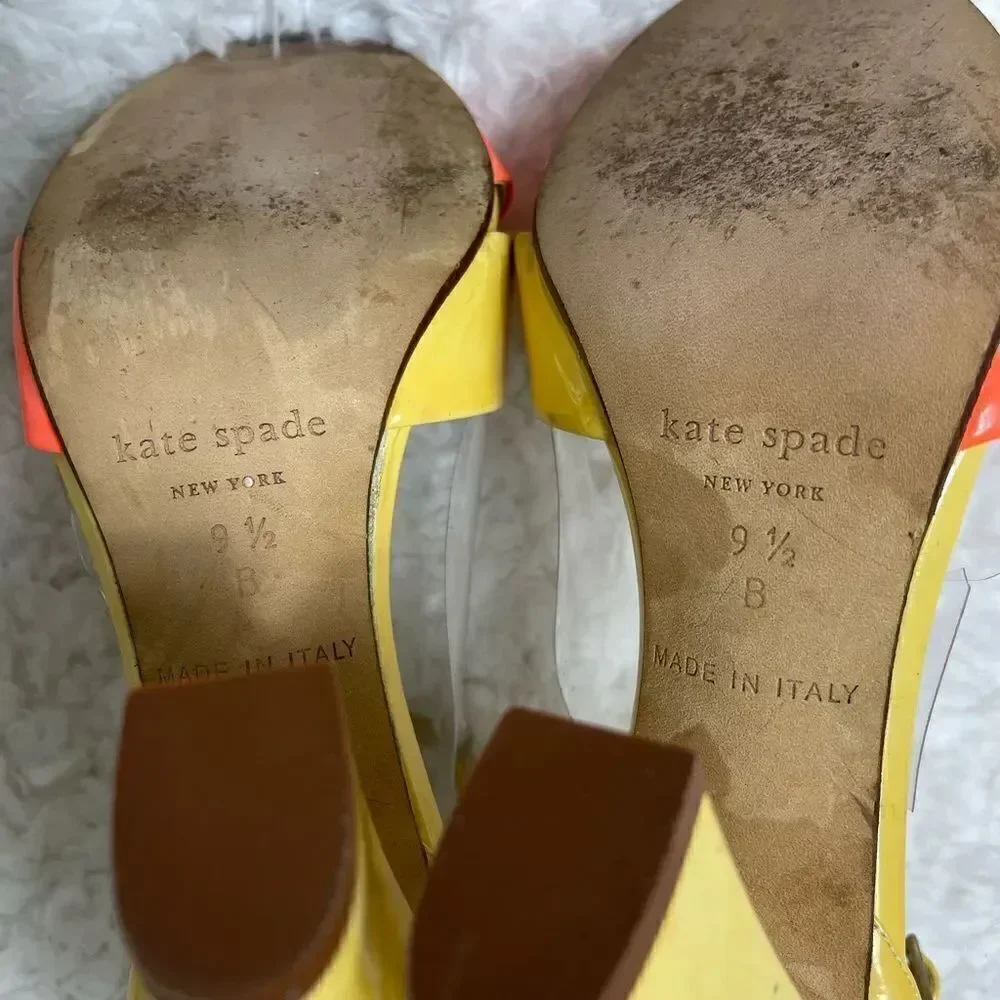 Kate Spade patent leather mustard yellow and coral ankle strap sandals size 9.5